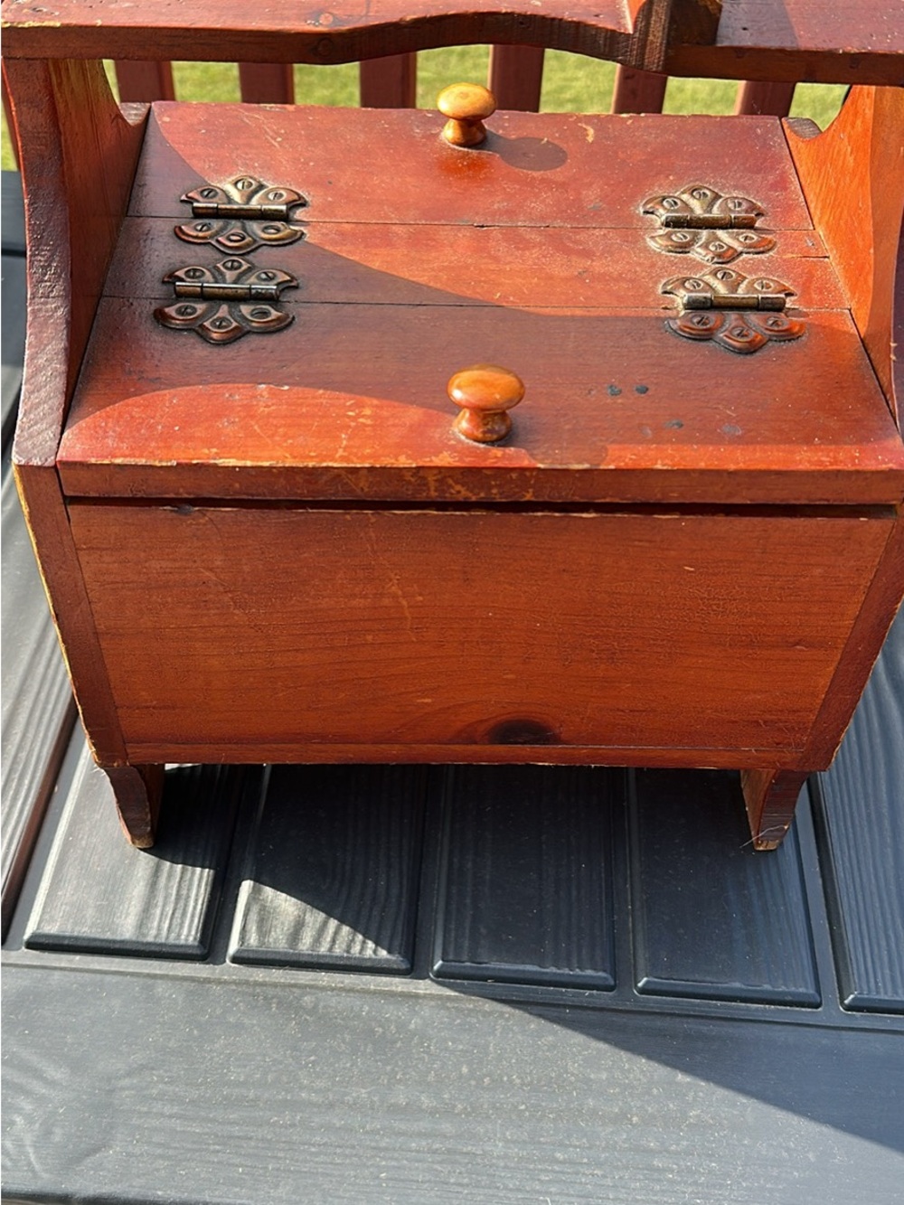 Vintage Wooden Sewing Box with Decorative Hinges - Brown
